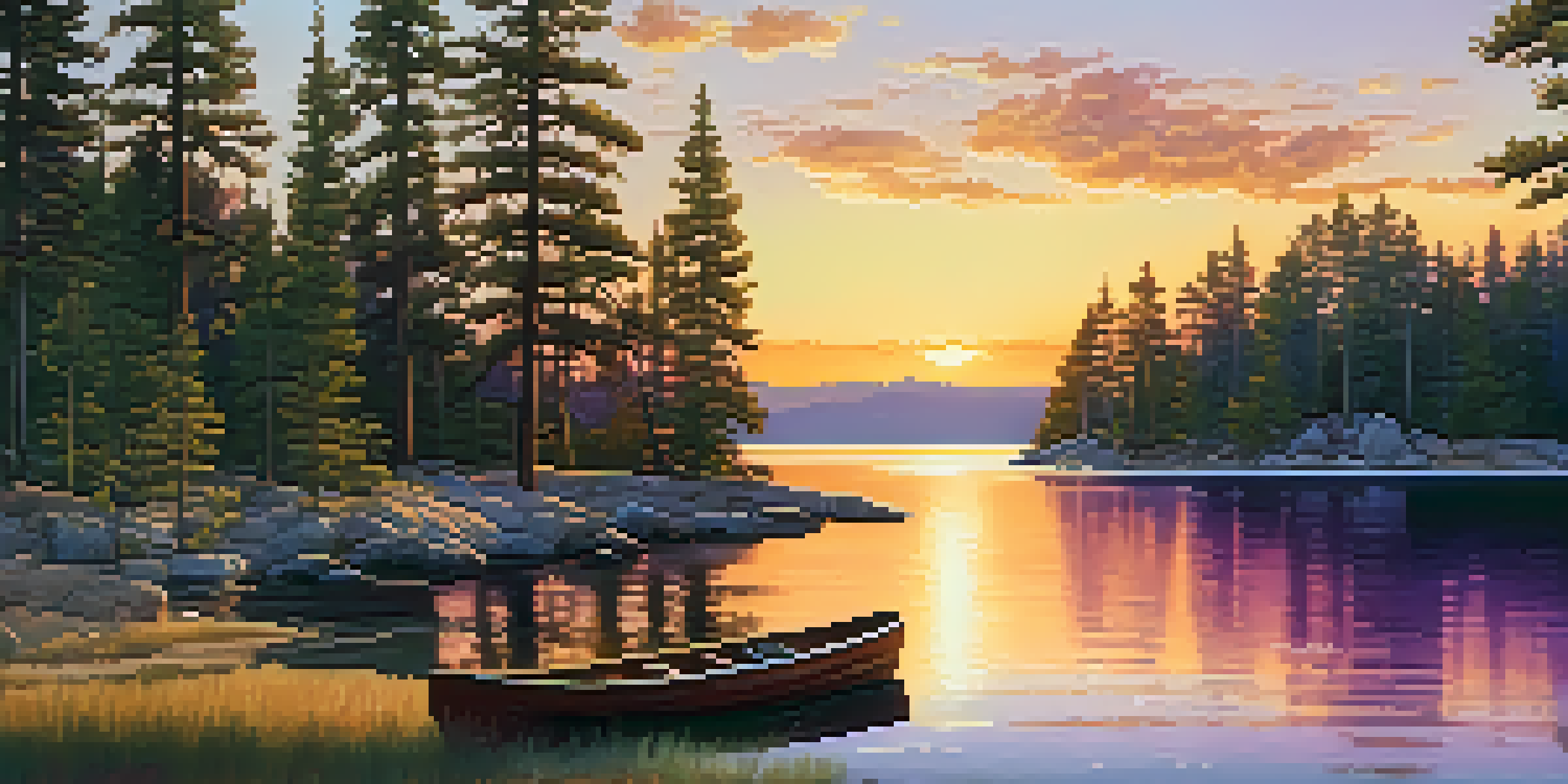 A beautiful sunset over Big Bear Lake, with a family having a picnic on the shore and a small boat in the water, surrounded by pine trees.