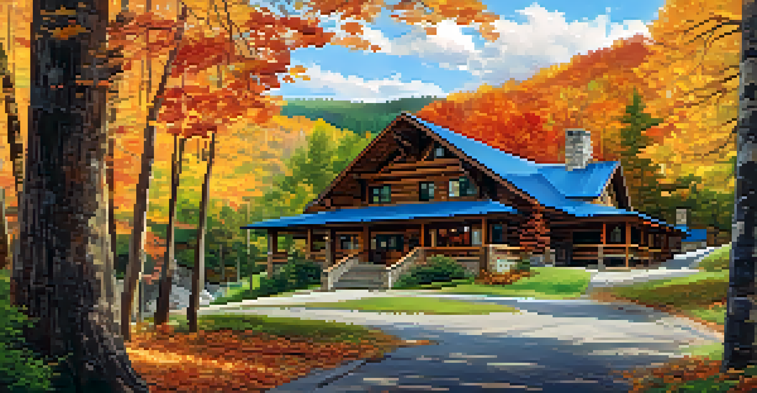 Panoramic view of the Mountain Home Lodge surrounded by autumn foliage, with rustic architecture and a hiking trail leading into the forest.