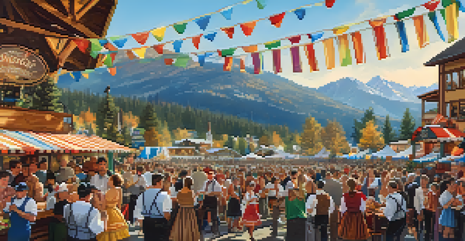 A vibrant Oktoberfest scene with people in traditional attire, food stalls, and mountain scenery, filled with joy and celebration.