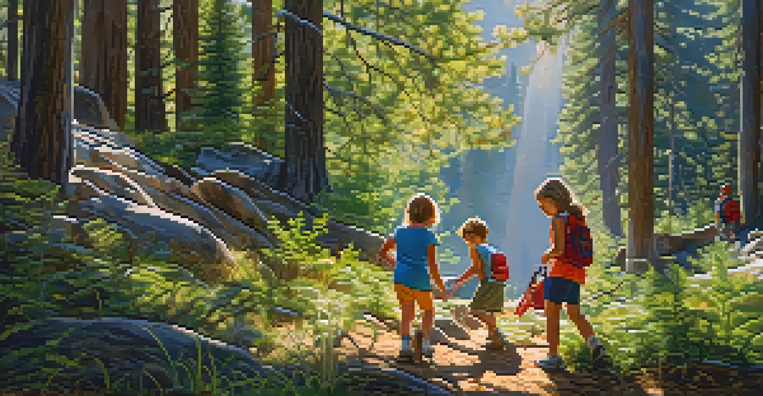 Children exploring a forest in Big Bear, discovering nature and learning hands-on.
