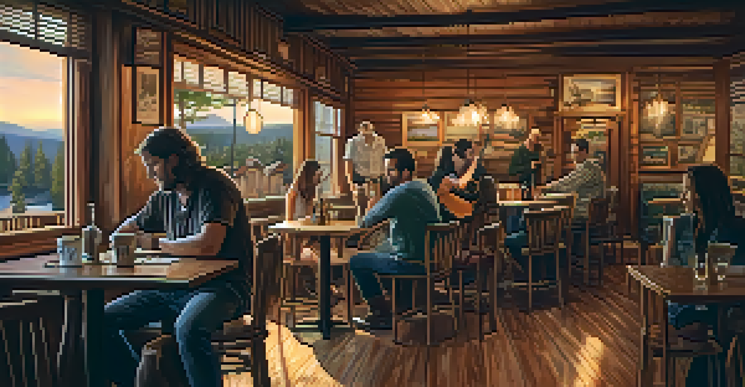 A cozy café scene with a musician playing acoustic guitar on stage, patrons enjoying drinks, and warm lighting creating an intimate atmosphere.