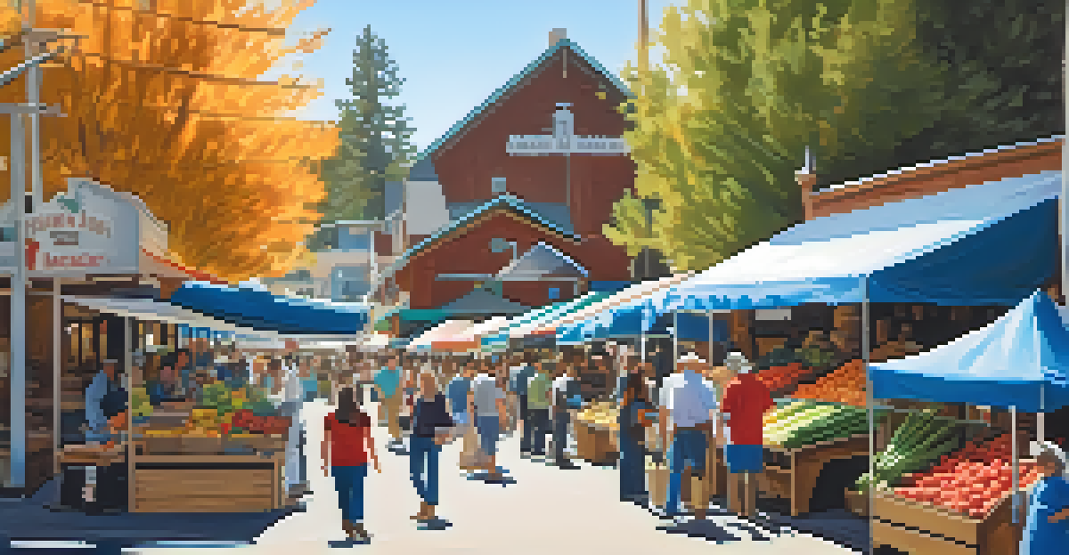 A lively farmers' market in Big Bear with colorful stalls of fresh produce and local farmers engaging with residents.