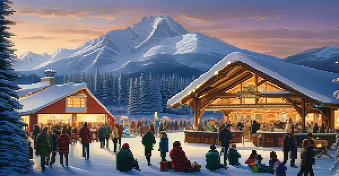 A winter music festival at a lodge with people enjoying music and hot cocoa, surrounded by snow-covered mountains.