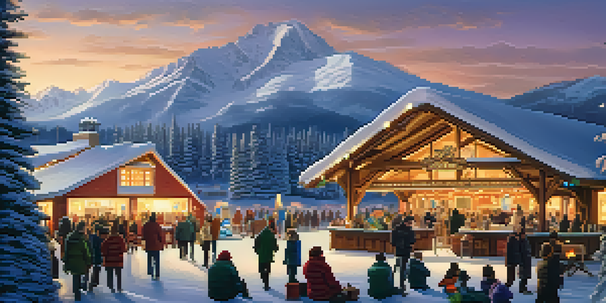 A winter music festival at a lodge with people enjoying music and hot cocoa, surrounded by snow-covered mountains.