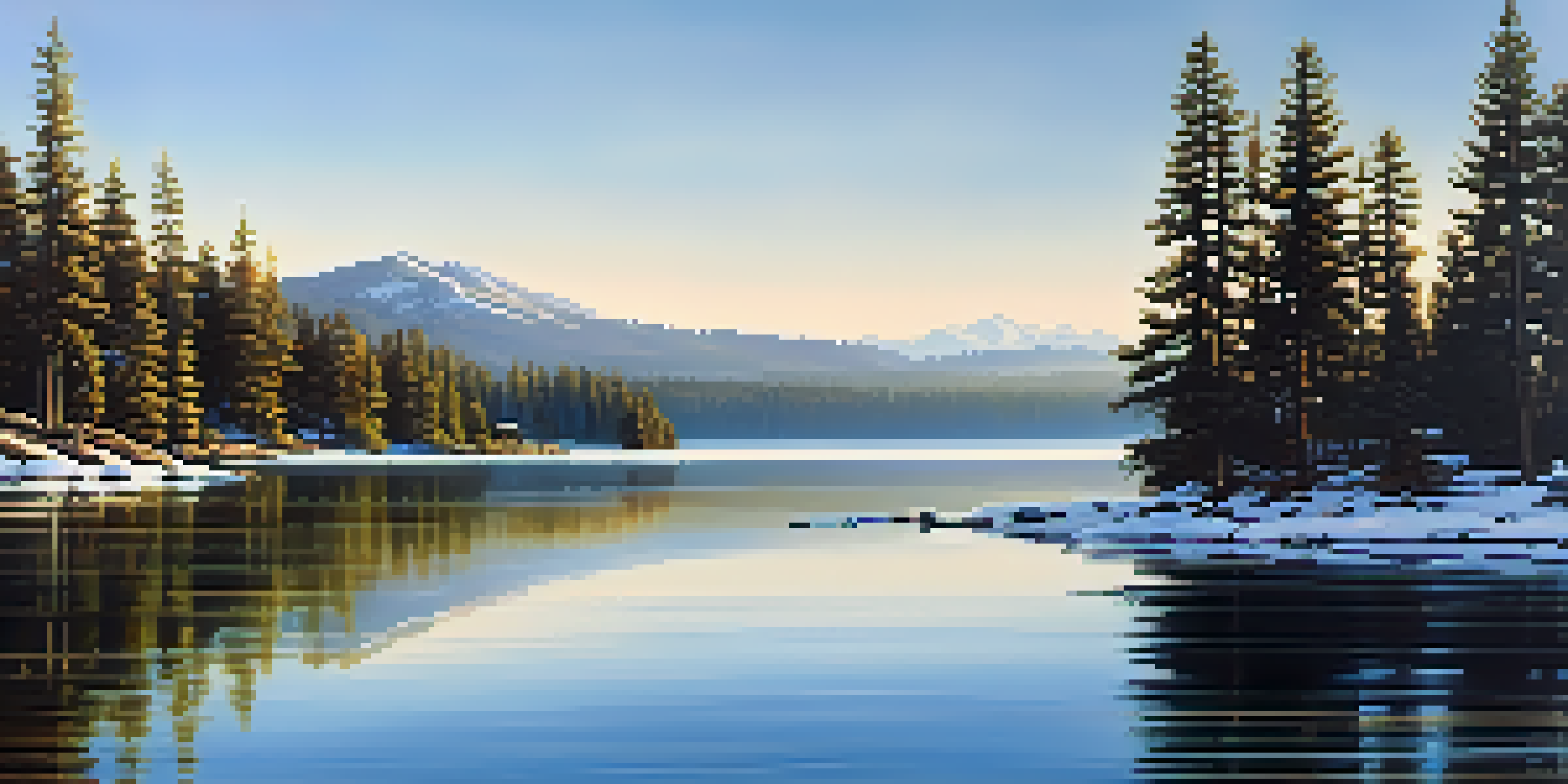 A peaceful lake scene in the early morning with calm waters, pine trees, and mountains, illuminated by soft light and mist.