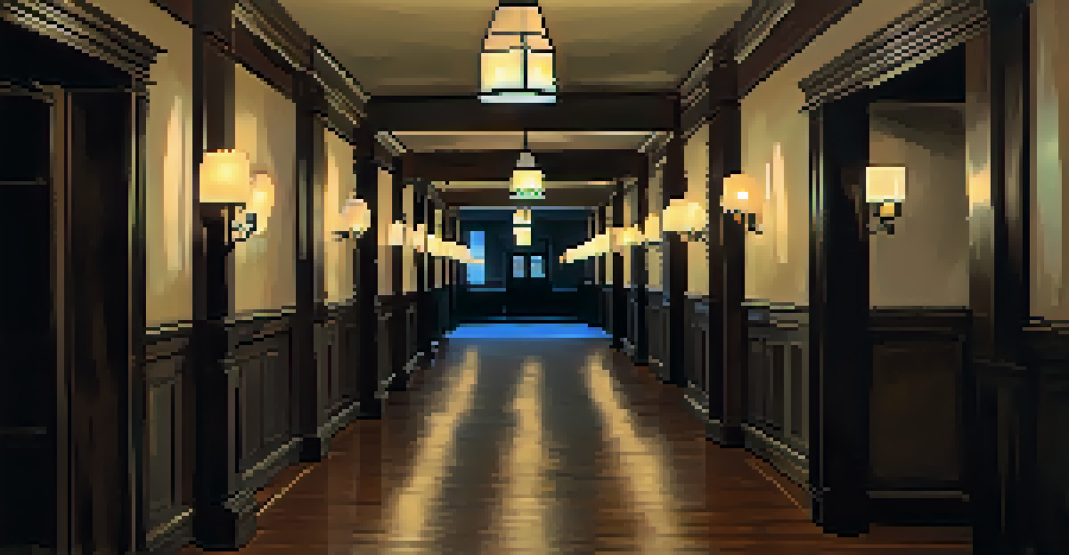 A dimly lit hallway inside the Old Bear Hotel, featuring vintage light fixtures, old portraits, and shadows on the wooden floor, creating a mysterious atmosphere.