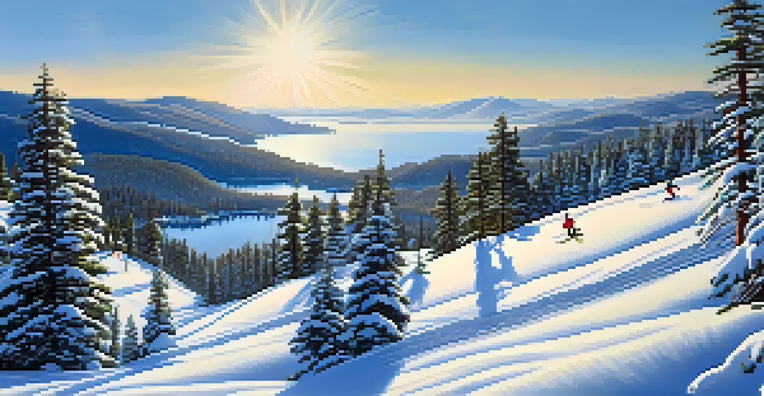 A snowy winter scene at Big Bear Lake with skiers on the slopes and a sparkling lake in the background.