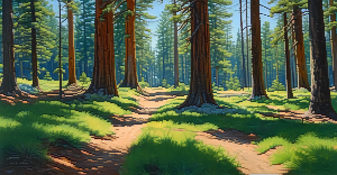 A hiker walking along a forest trail surrounded by tall Jeffrey Pines and bright sunlight filtering through the branches.