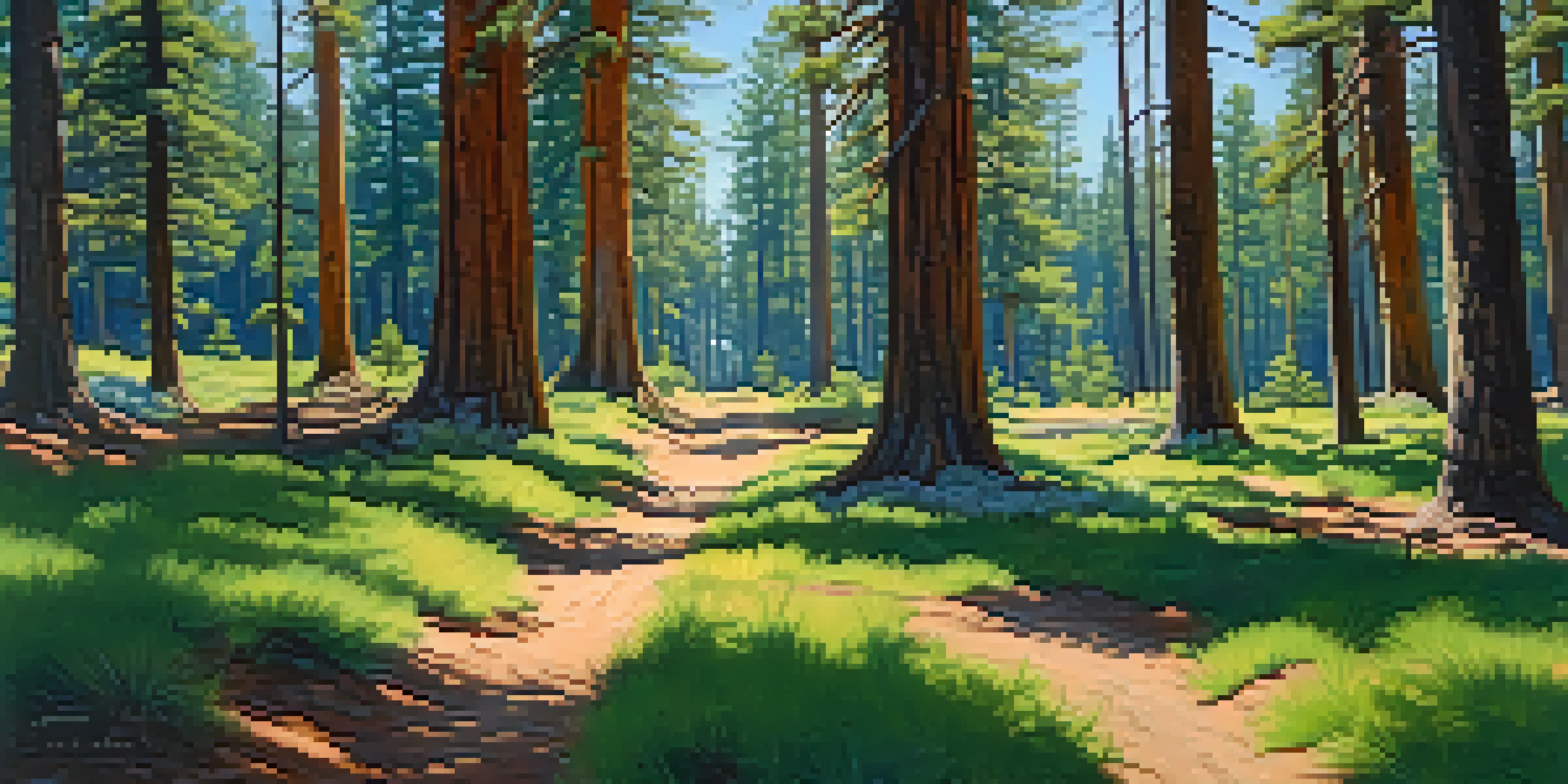 A hiker walking along a forest trail surrounded by tall Jeffrey Pines and bright sunlight filtering through the branches.