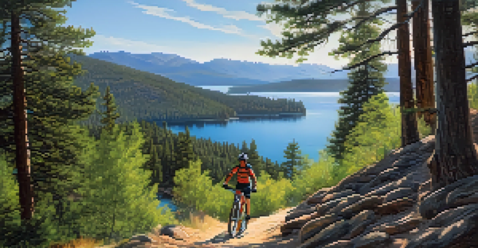 A mountain biker on a narrow trail in Big Bear Lake, surrounded by green forests and mountains, with sunlight filtering through the trees.