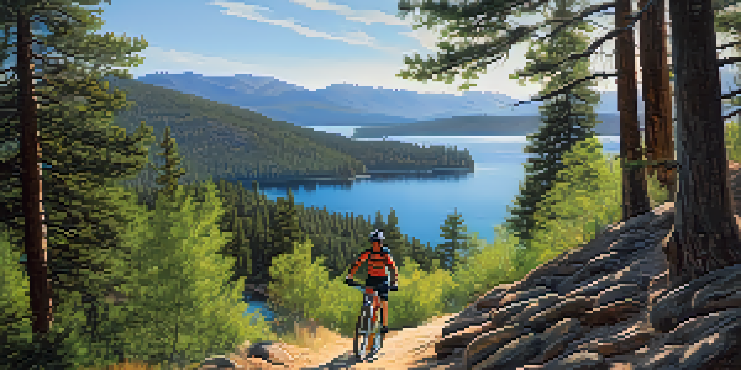 A mountain biker on a narrow trail in Big Bear Lake, surrounded by green forests and mountains, with sunlight filtering through the trees.