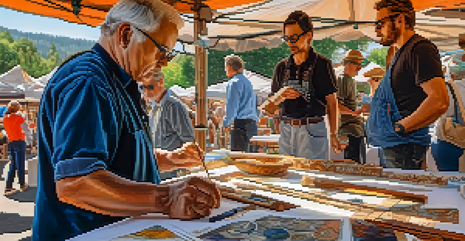 An artist demonstrating wood carving at a craft fair in Big Bear, with visitors observing and colorful decorations in the background.