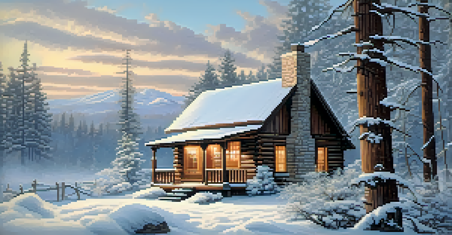 A snow-covered historic cabin in Big Bear with smoke rising from the chimney and trees draped in snow, creating a serene winter landscape.
