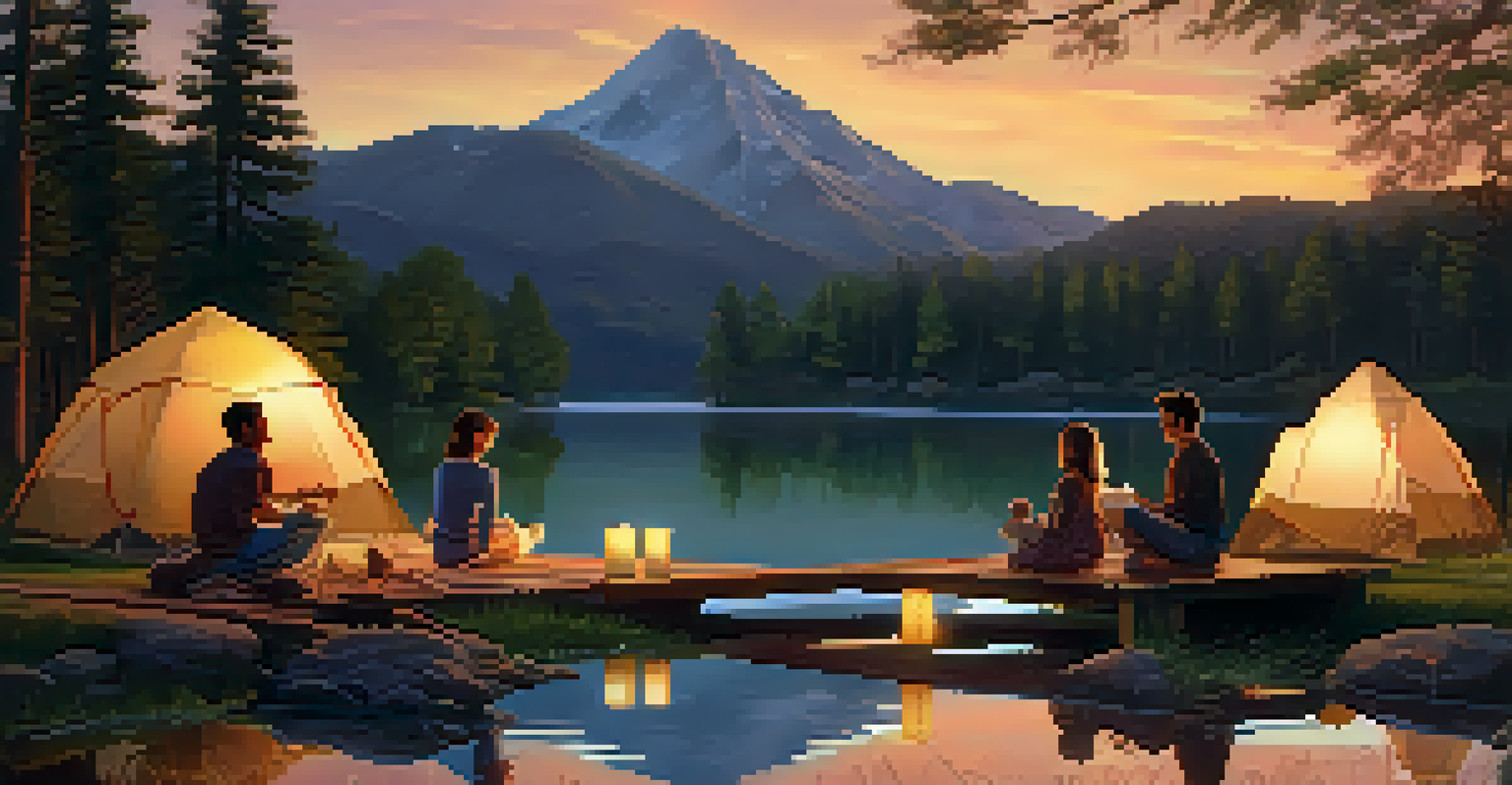 A family enjoying games on a picnic blanket by the lake during sunset, with colorful skies reflected in the water and soft lighting from lanterns.