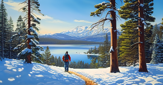 A peaceful winter scene in Big Bear, featuring snow-covered trees and a frozen lake, with a hiker walking on a snowy trail.