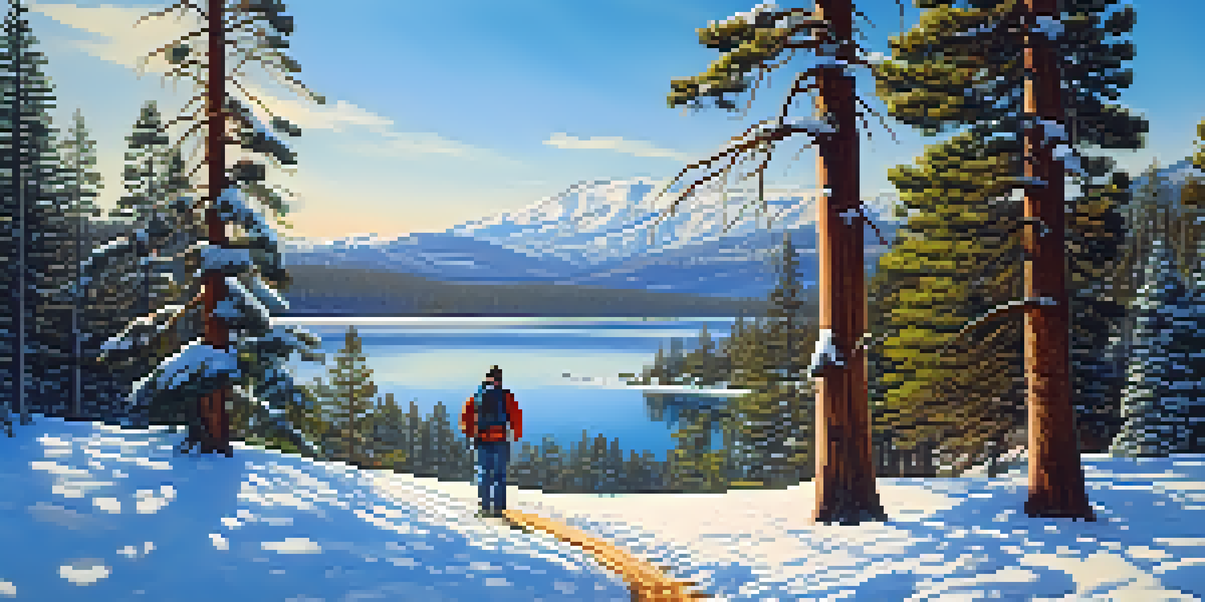 A peaceful winter scene in Big Bear, featuring snow-covered trees and a frozen lake, with a hiker walking on a snowy trail.