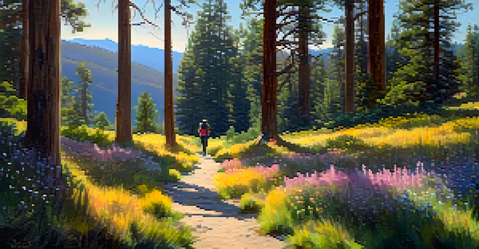 A scenic hiking trail in Big Bear with wildflowers and a writer taking notes, enjoying a stunning mountain view under sunlight.