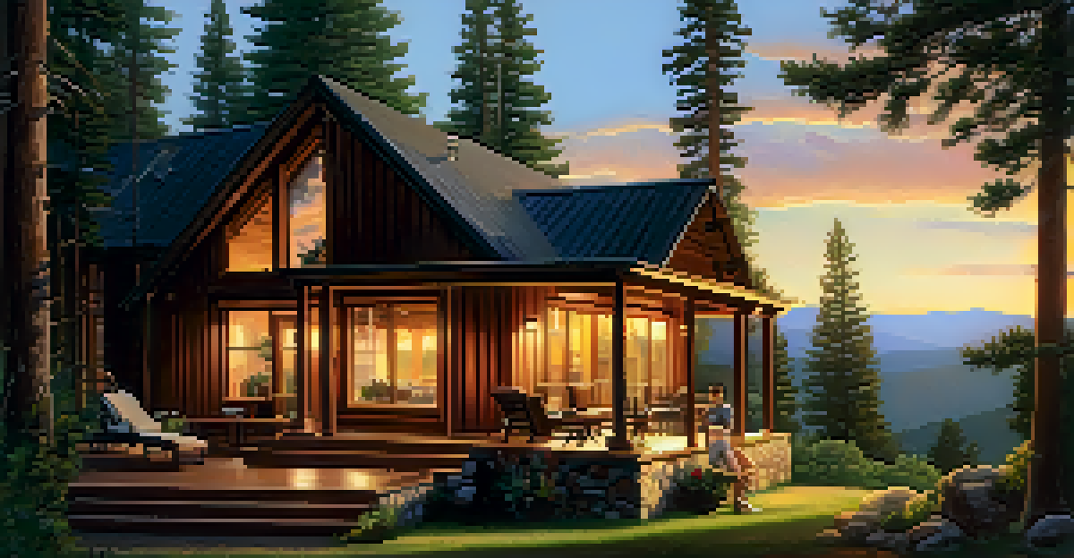 A couple enjoying a side-by-side massage on a porch at sunset in a mountain lodge.