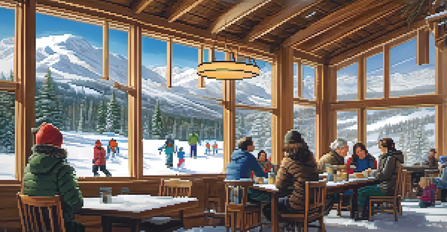 A cozy base lodge scene at Snow Summit with families enjoying meals and sharing stories, surrounded by a picturesque snowy landscape.