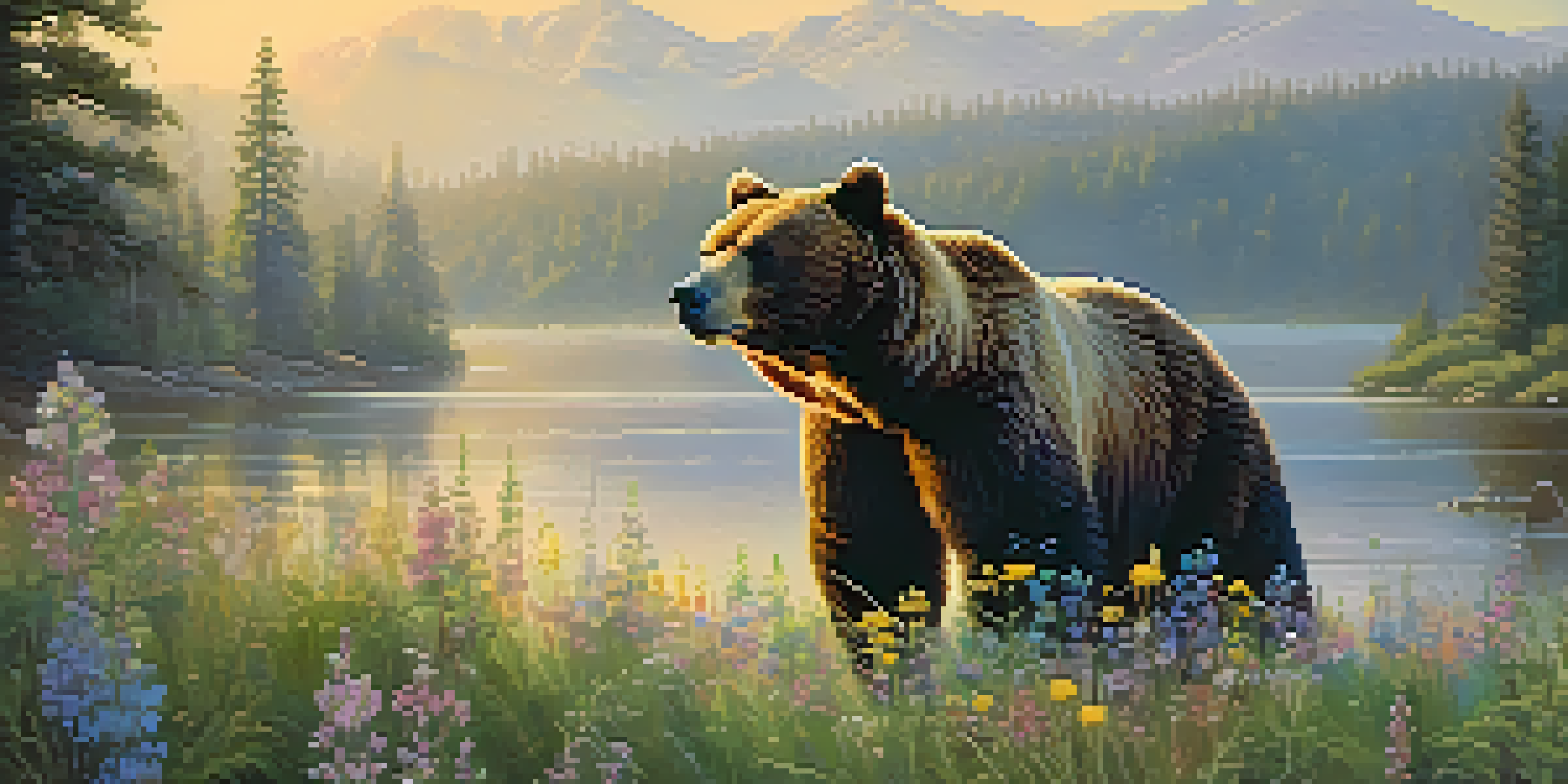 A bear foraging among colorful wildflowers in Big Bear during the early morning light, with mist rising from the lake in the background.
