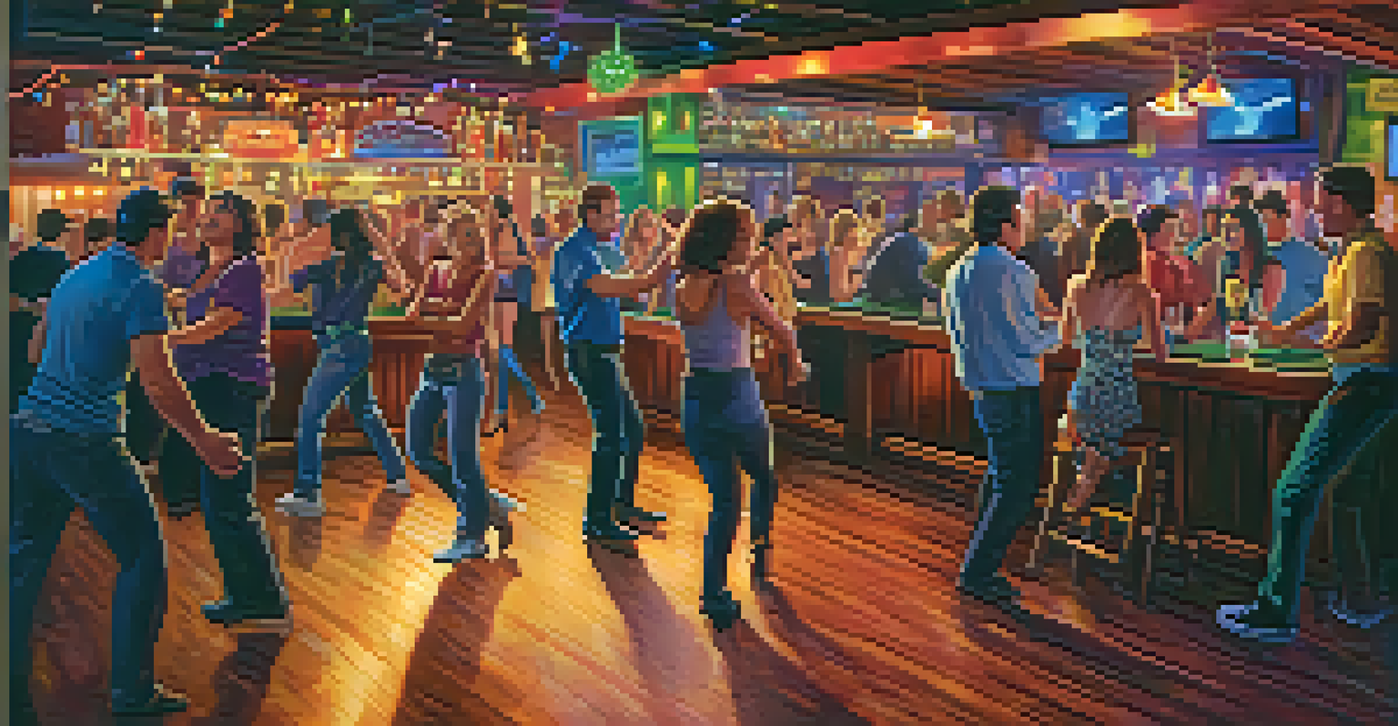 A lively dance floor at a bar with people dancing and enjoying music and drinks.