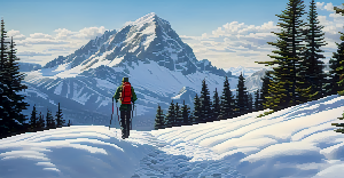 A hiker dressed in layers hiking on a snowy trail with mountains and pine trees in the background.