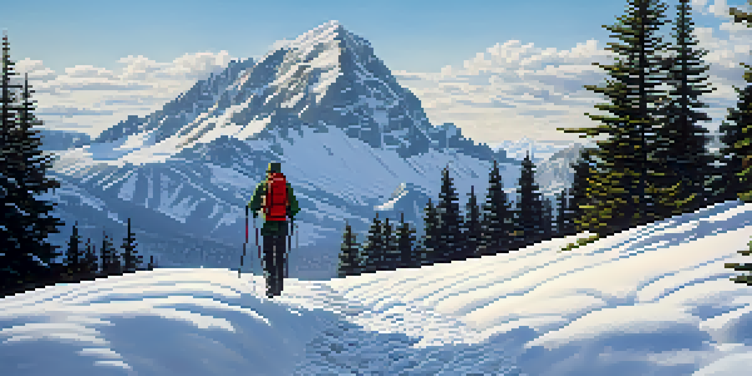 A hiker dressed in layers hiking on a snowy trail with mountains and pine trees in the background.