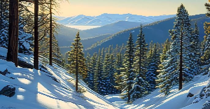 A peaceful winter scene with a snow-covered trail through tall pine trees and mountains in the background, illuminated by soft sunlight.