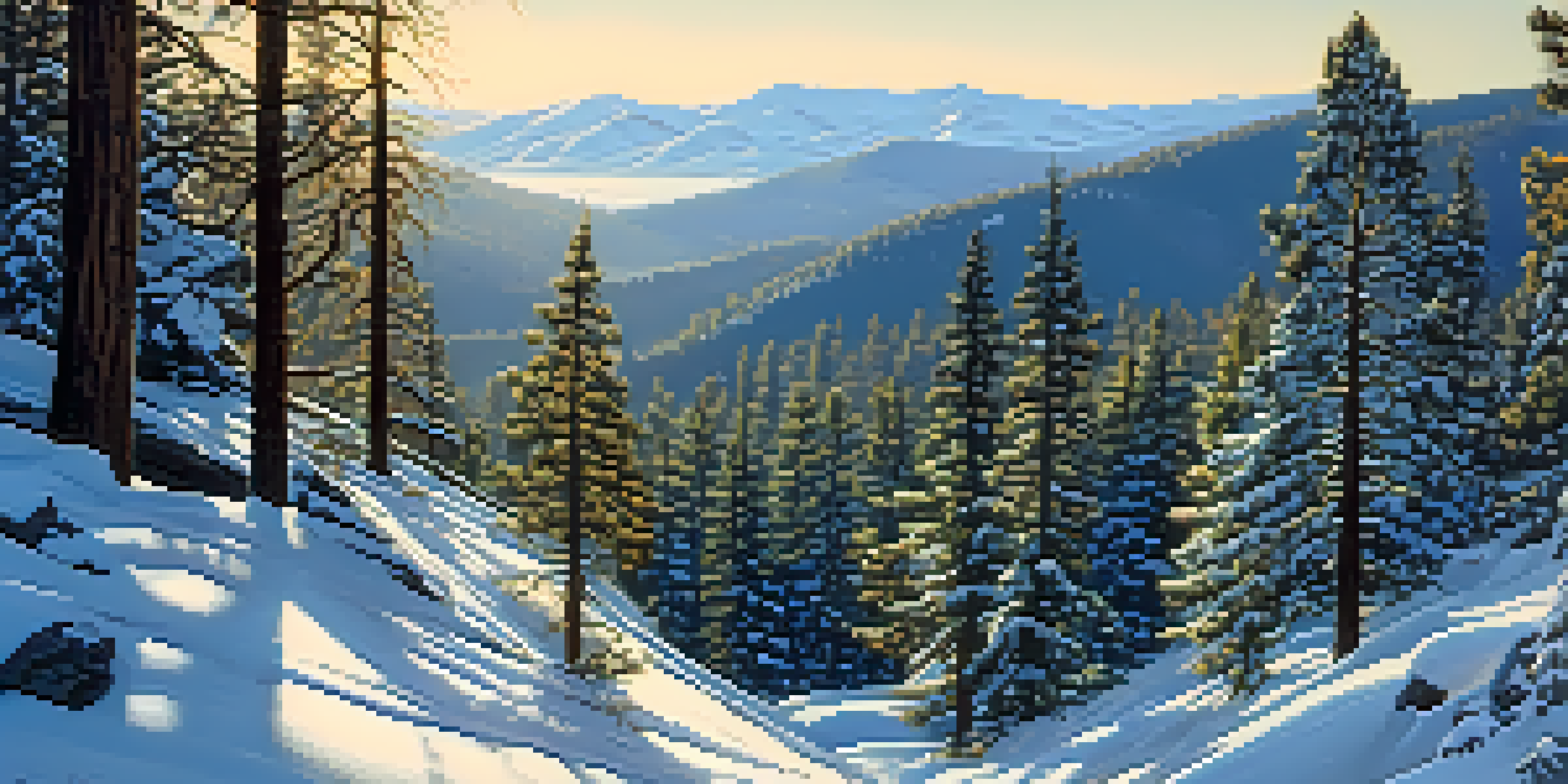 A peaceful winter scene with a snow-covered trail through tall pine trees and mountains in the background, illuminated by soft sunlight.