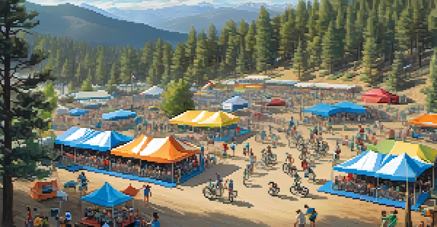 A lively mountain biking festival with tents and participants enjoying activities, surrounded by mountains.
