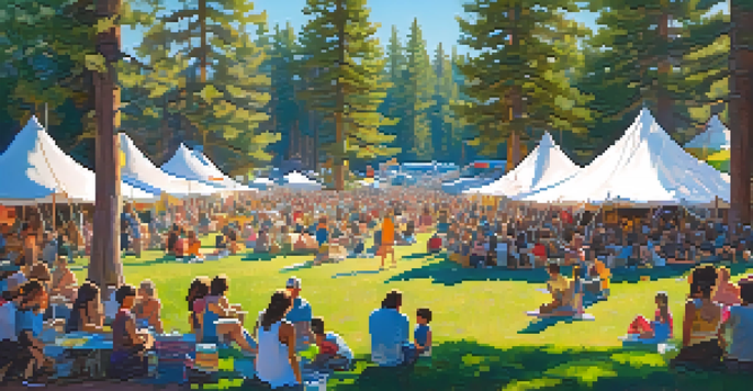 A lively outdoor music festival in Big Bear with colorful tents and blooming flowers, surrounded by tall pine trees and a clear blue sky.