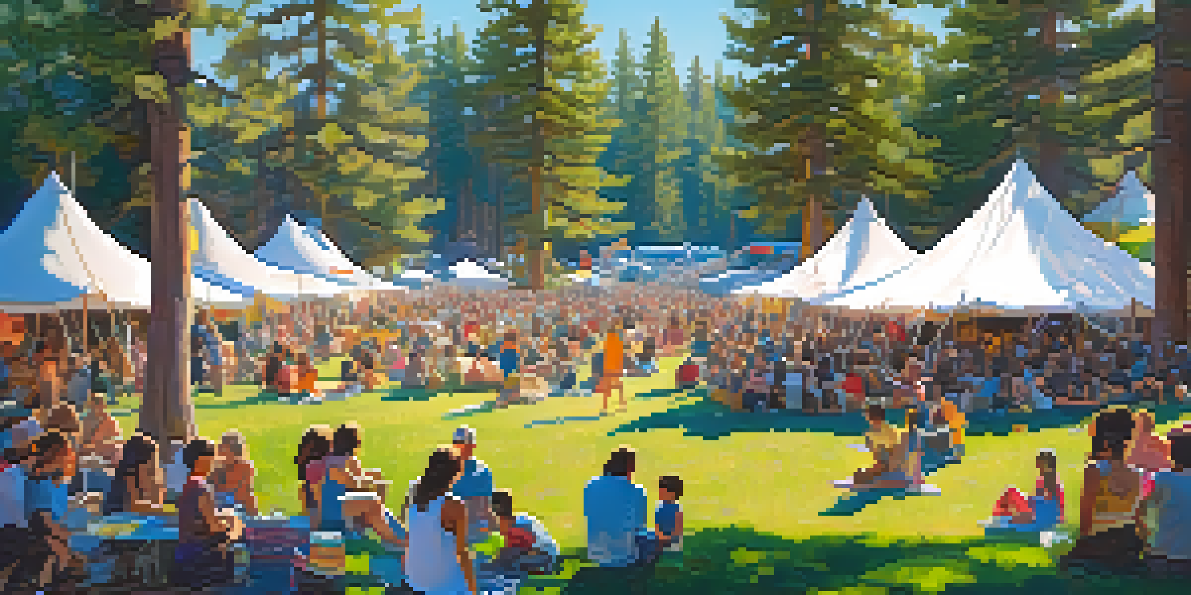 A lively outdoor music festival in Big Bear with colorful tents and blooming flowers, surrounded by tall pine trees and a clear blue sky.