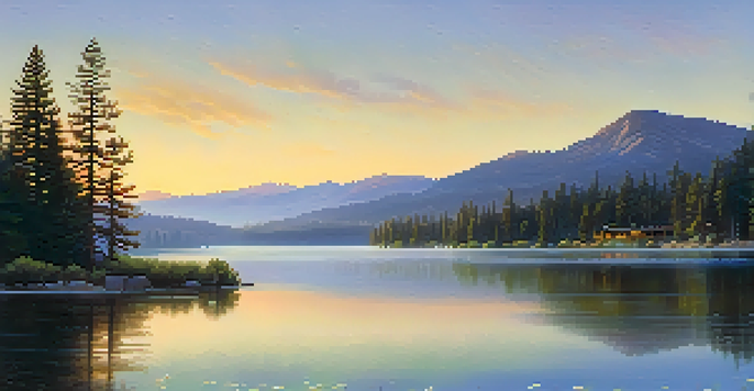 A beautiful sunrise over Big Bear Valley, featuring mountains, a tranquil lake, and blooming wildflowers.