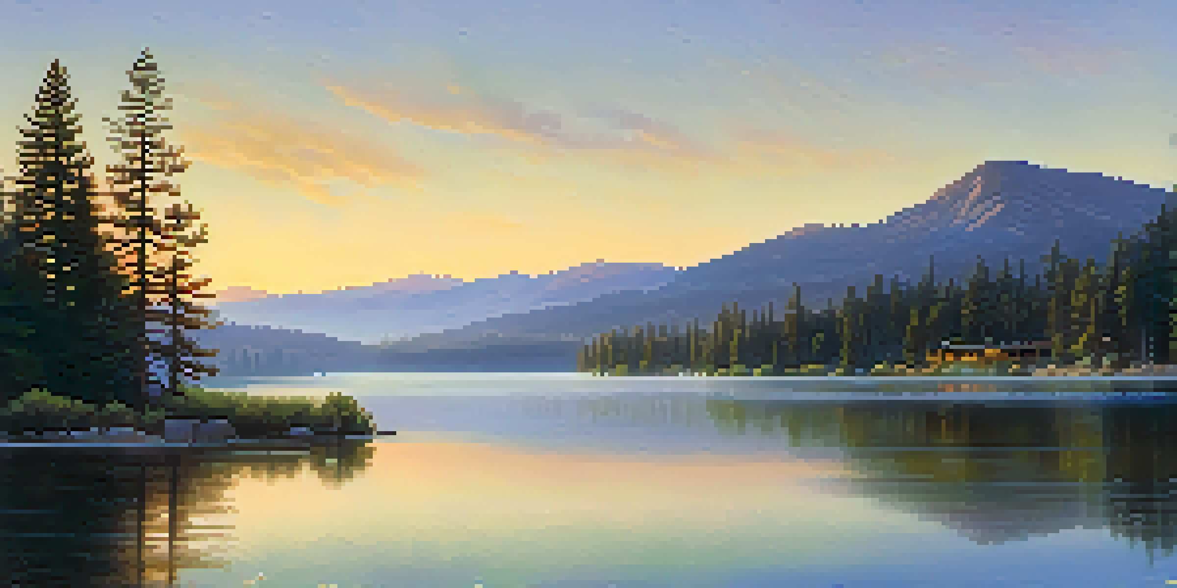 A beautiful sunrise over Big Bear Valley, featuring mountains, a tranquil lake, and blooming wildflowers.