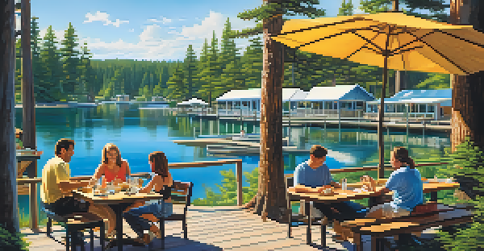A lakeside restaurant with diners enjoying colorful fish tacos, surrounded by a beautiful lake and trees.