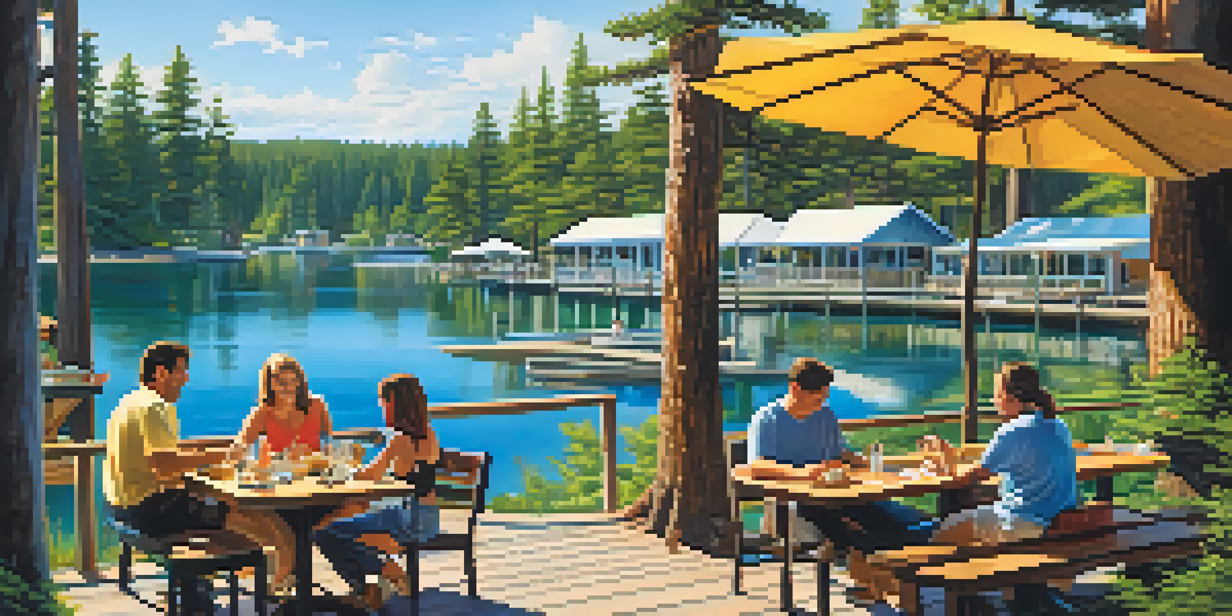 A lakeside restaurant with diners enjoying colorful fish tacos, surrounded by a beautiful lake and trees.