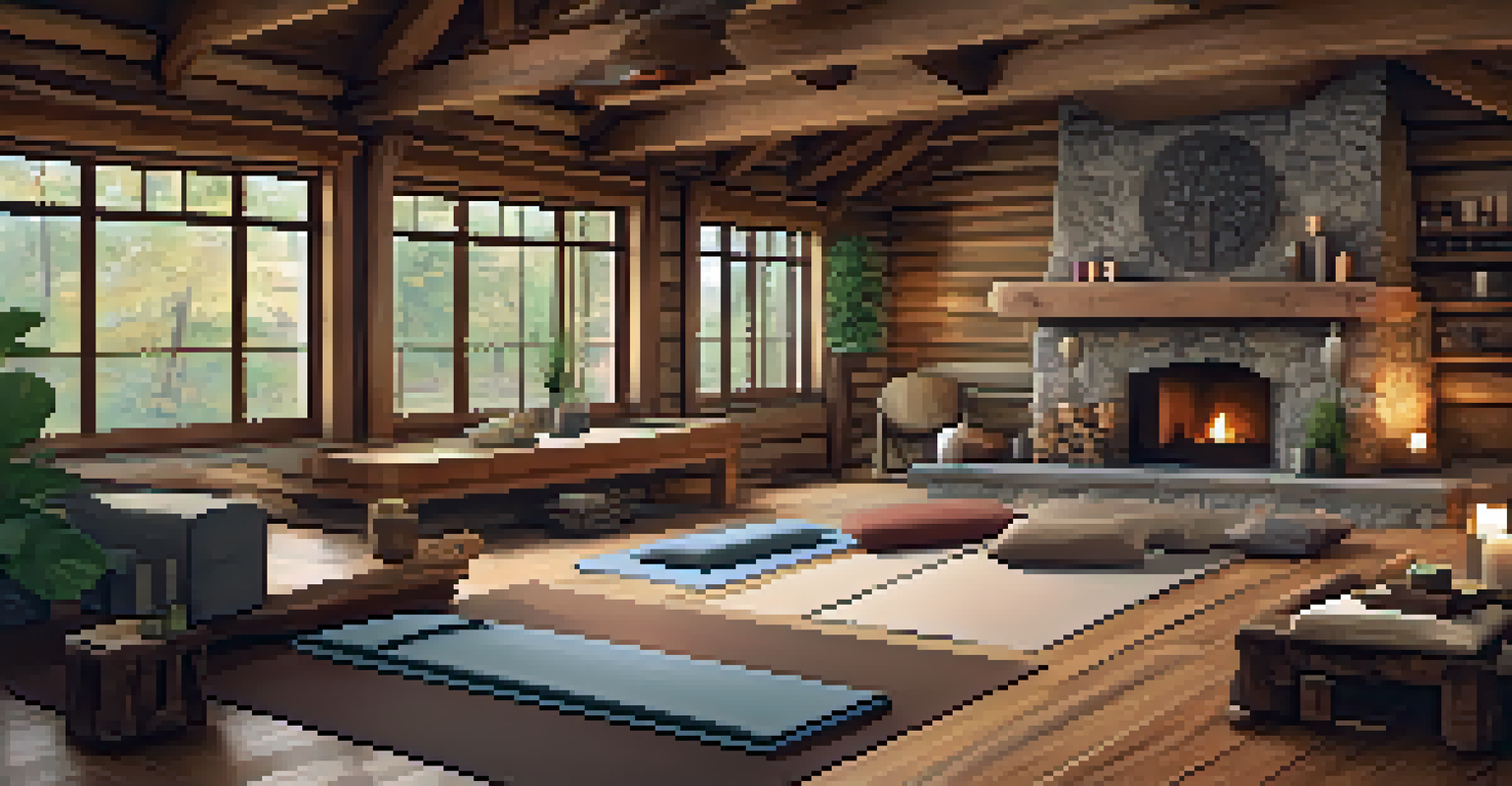 Cozy interior of a rustic lodge with warm lighting, yoga props, and a relaxing atmosphere for a yoga retreat.