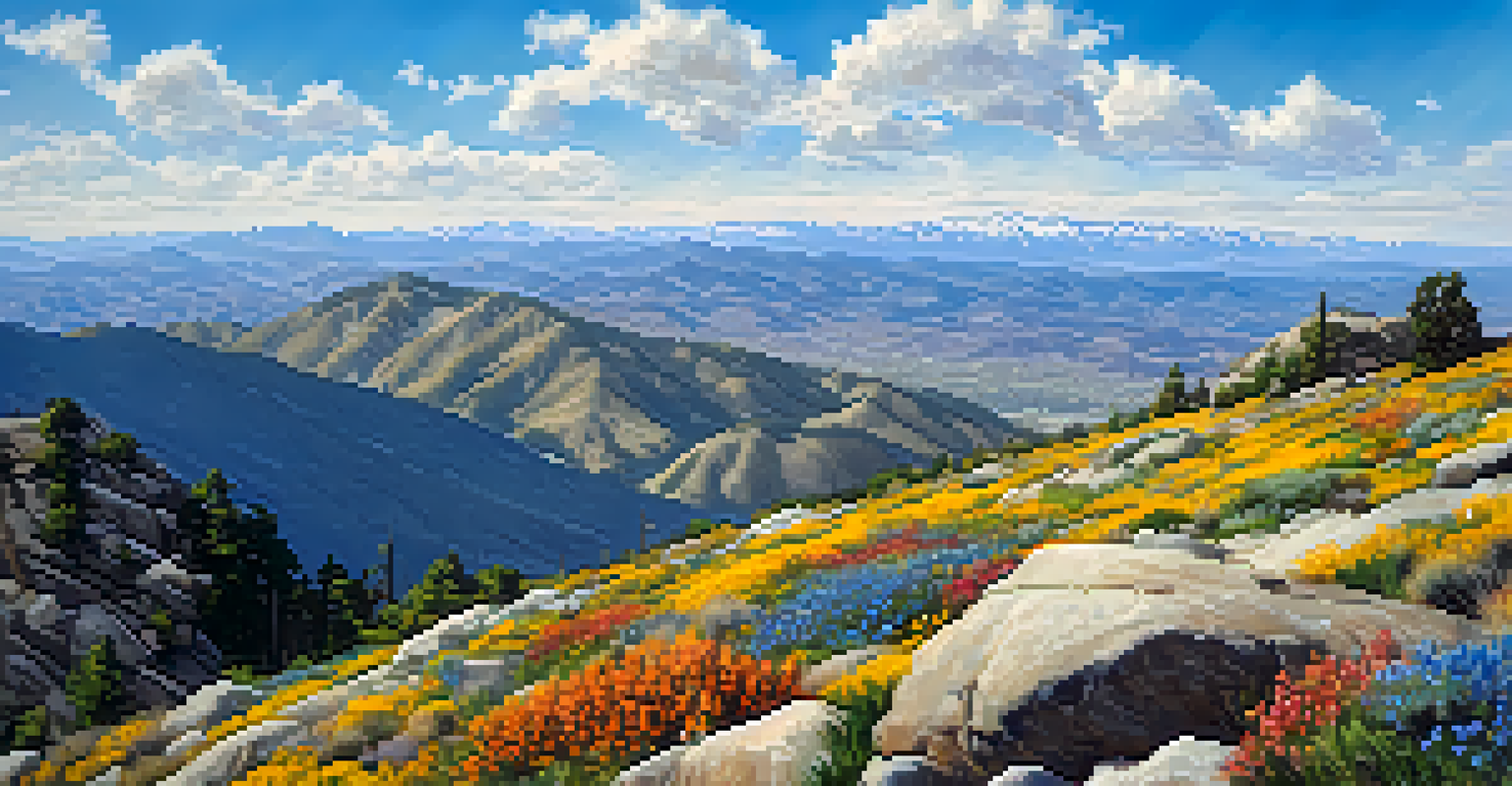 A panoramic view of the San Bernardino Mountains from Snow Summit with wildflowers and a blue sky.