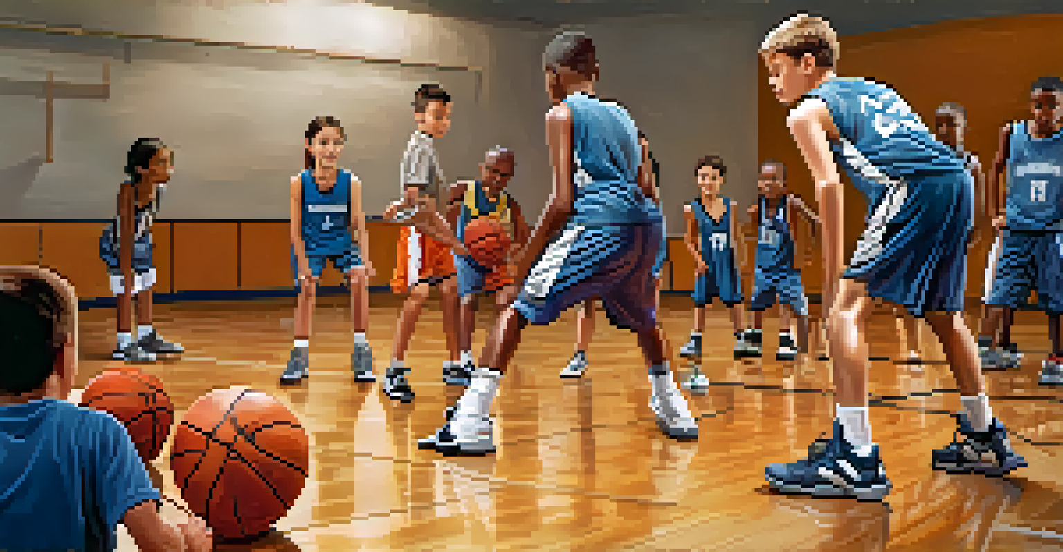 A youth basketball coach teaching young players dribbling techniques in a brightly lit gym.