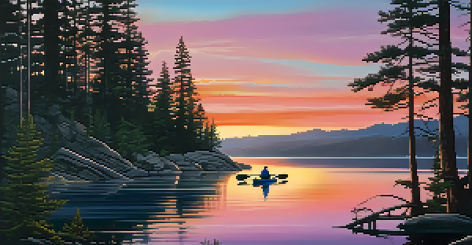 A sunset over Big Bear Lake with colorful reflections on the water, silhouetted kayakers, and lush pine trees.