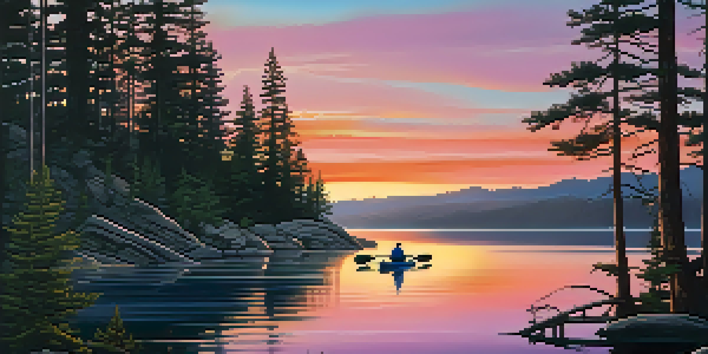 A sunset over Big Bear Lake with colorful reflections on the water, silhouetted kayakers, and lush pine trees.