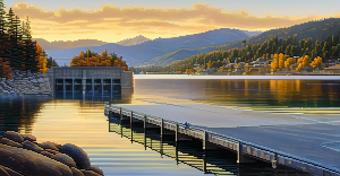 A scenic view of Big Bear Lake Dam during sunrise, with reflections on the water and colorful autumn trees.