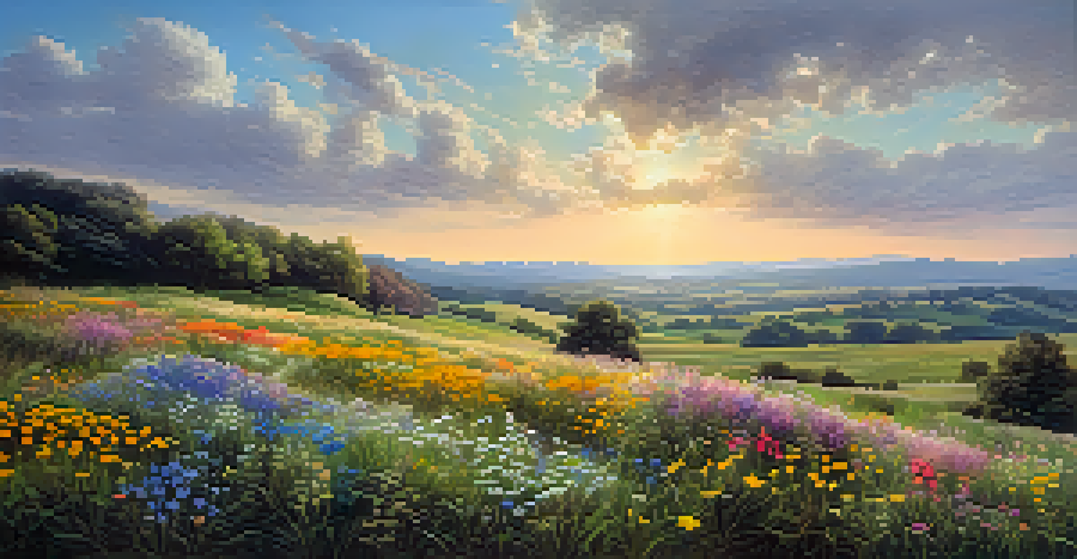 A wide-angle view of a blooming wildflower field under a cloudy sky, showcasing various flowers and distant rolling hills.