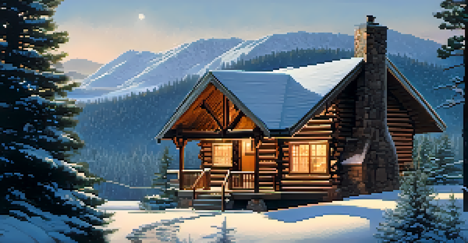 A cozy mountain cabin in the snow, with a path leading to the door and snow-covered trees around.
