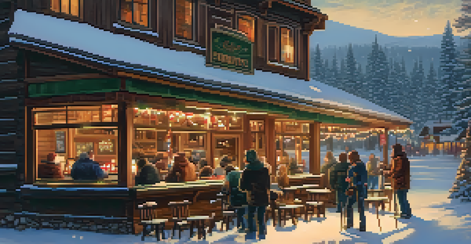 Interior of a cozy cafe in Big Bear with patrons enjoying warm food and drinks, decorated for the winter season with a fireplace.