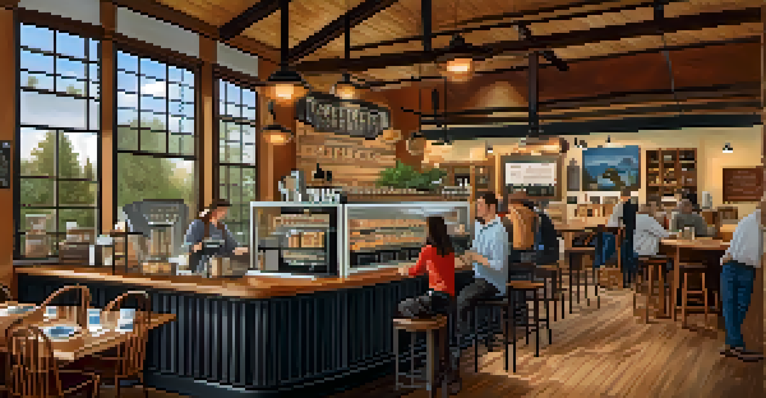 A cozy coffee shop interior with coffee drinks and pastries, patrons enjoying their time in a warm atmosphere.