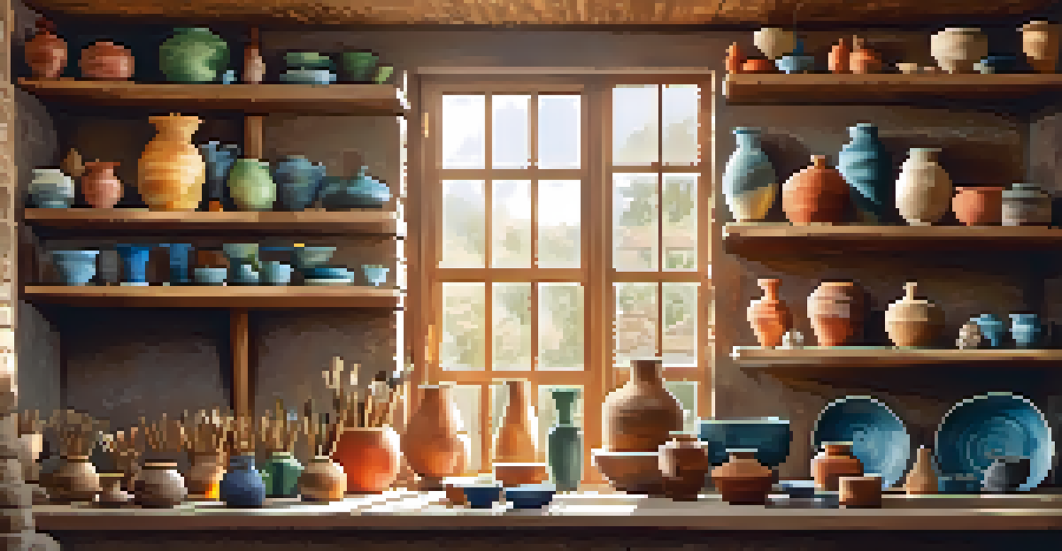 A cozy pottery workshop showcasing colorful handmade pottery and tools, illuminated by sunlight.