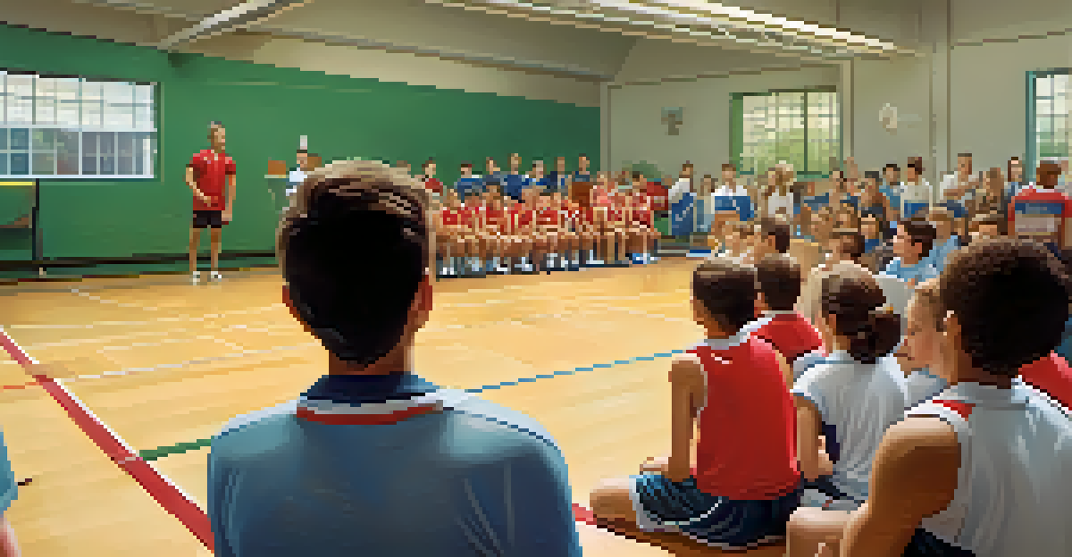 A coach passionately speaking to a group of attentive student athletes in a gymnasium.