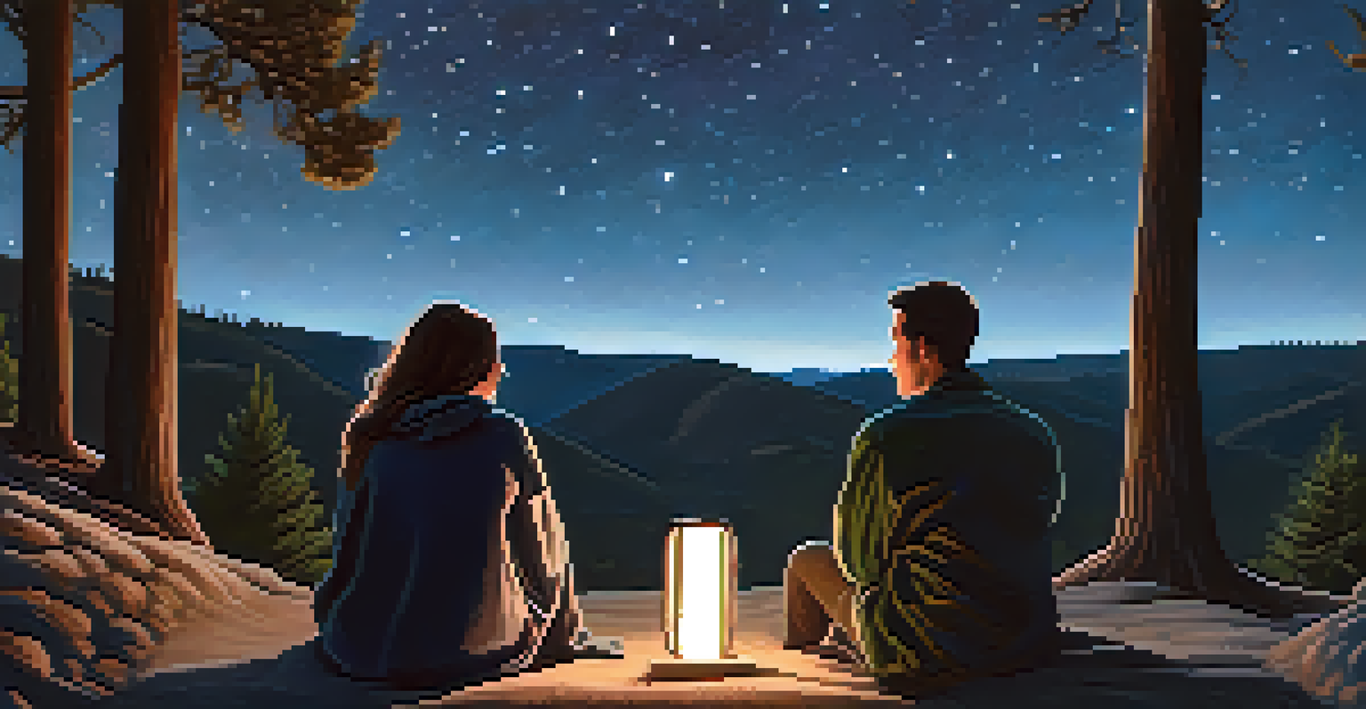 A couple stargazing at Moonridge Overlook, wrapped in a blanket under a starry sky with a telescope nearby.