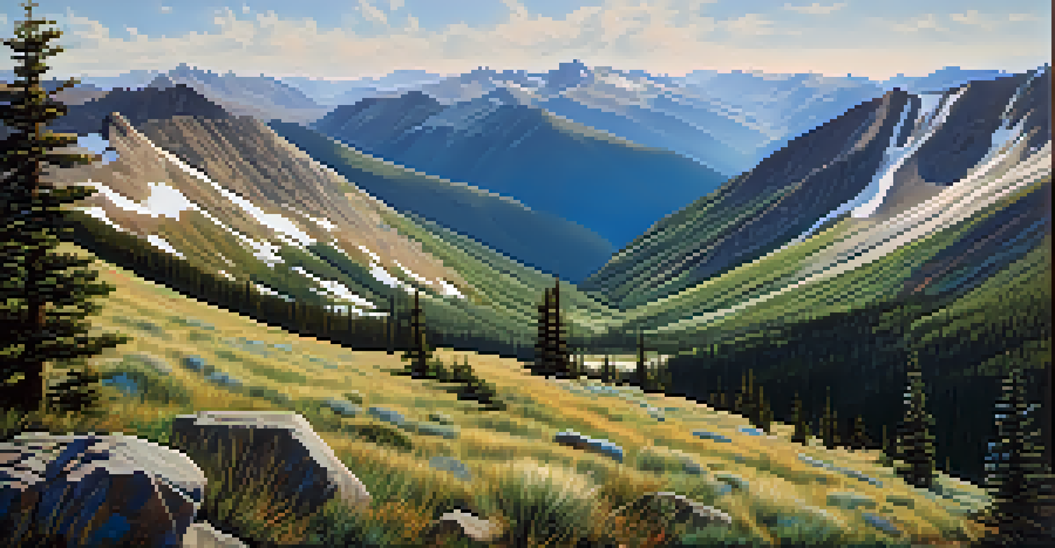 A panoramic view from Grays Peak with a mountain bluebird soaring and distant peaks bathed in sunlight.